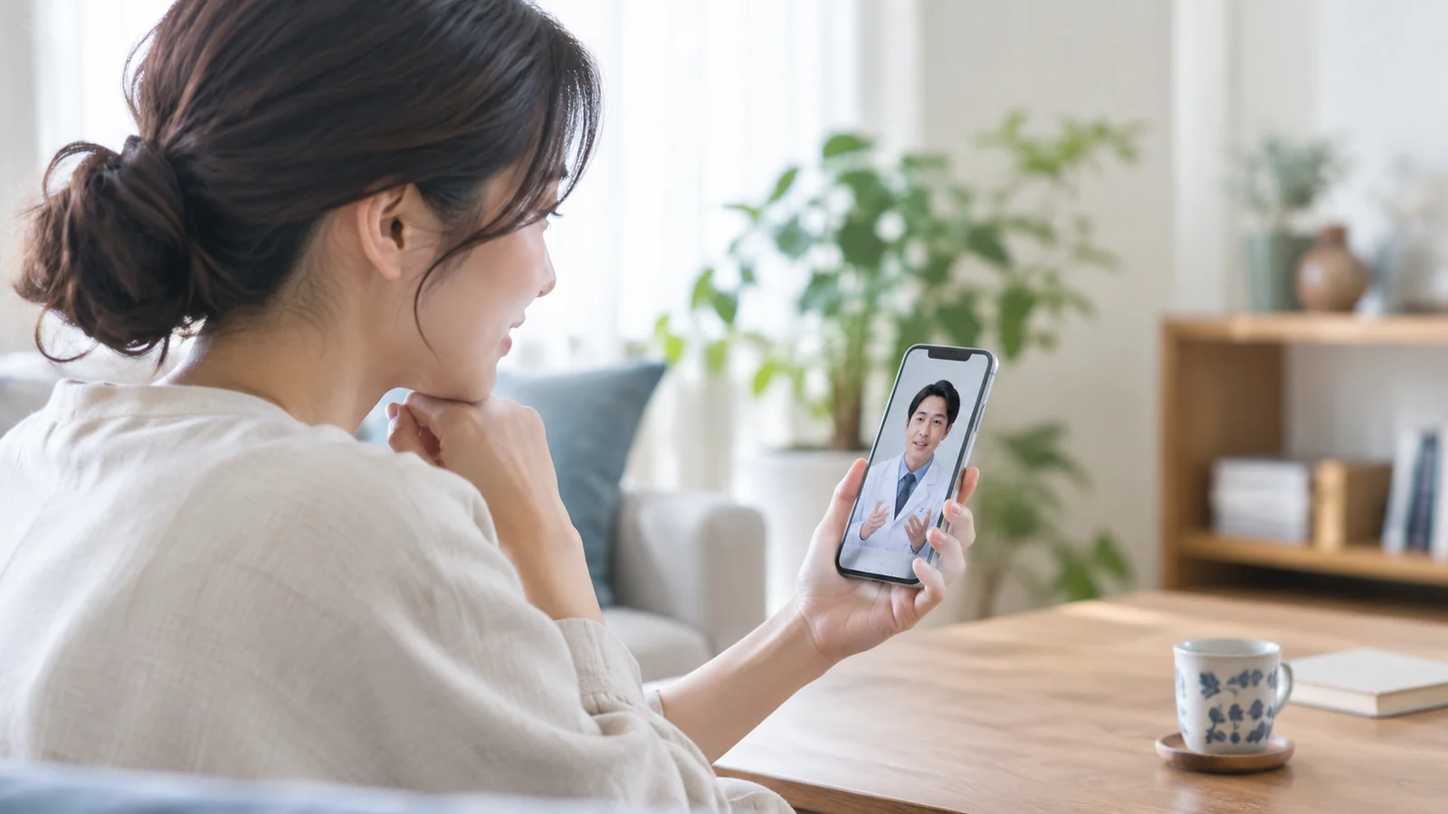 自宅でスマートフォンを使ってオンライン診療を受けるイメージ